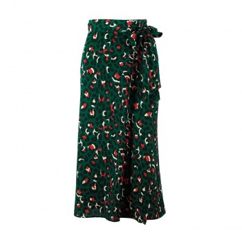 Leopard Print Long Skirts Women High Waist Midi Skirt Bow Tie Split Green